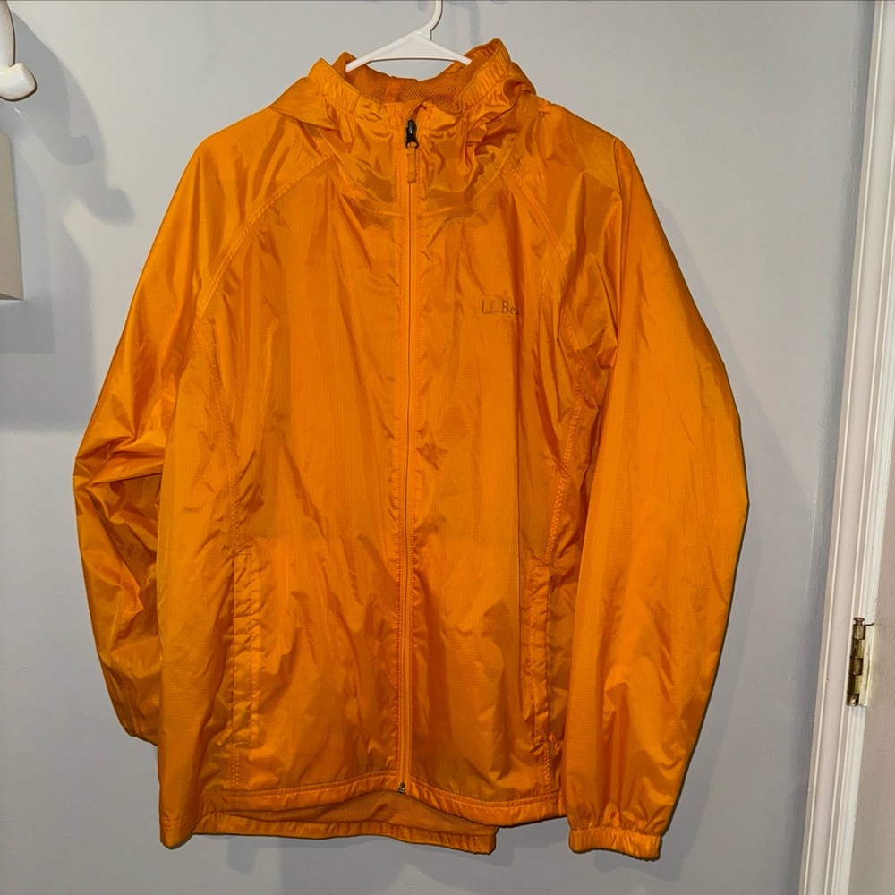 L.L. Bean Womens Large Coat Jacket‎ Hooded Pockets Windbreaker Rain Orange